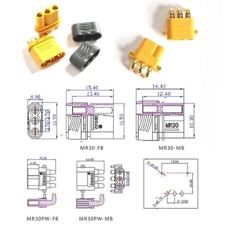 Złącze MR30 - Konektor Amass - wtyk + gniazdo - mini złącze z osłonami do połączeń ESC-Silnik