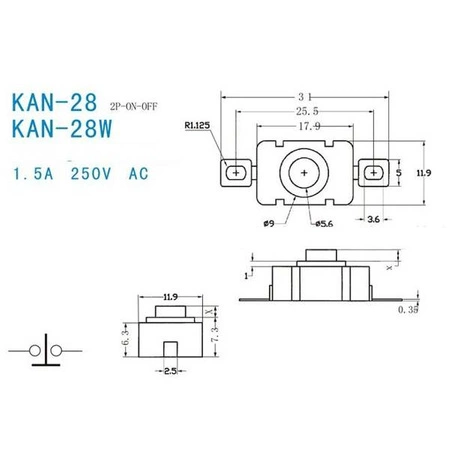 Mikroswitch 18x12mm - KAN-28 - PIN zakrzywiony- włącznik do latarki - Przycisk chwilowy samoblokujący